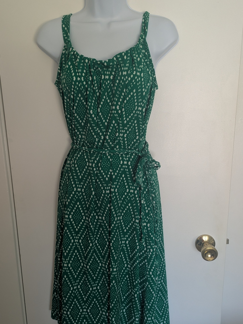 Touch Express Green & White Printed Sleeveless Tie-Waist Dress Women's Size L